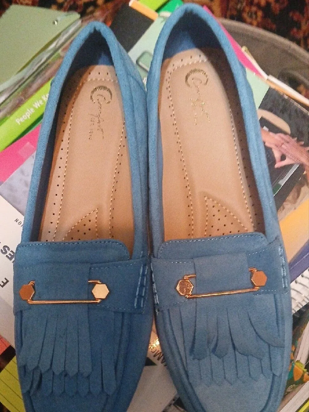 Women's Blue Suede Fringe Loafers with Gold Accent